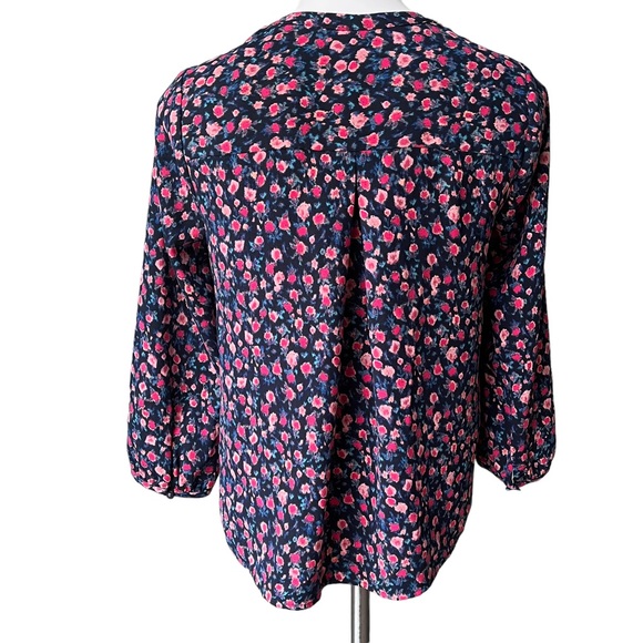 J. Crew Open V-Neck Top Dotted Floral Small Blue Pink Crepe Long Sleeve, Sz XS - Picture 4 of 13